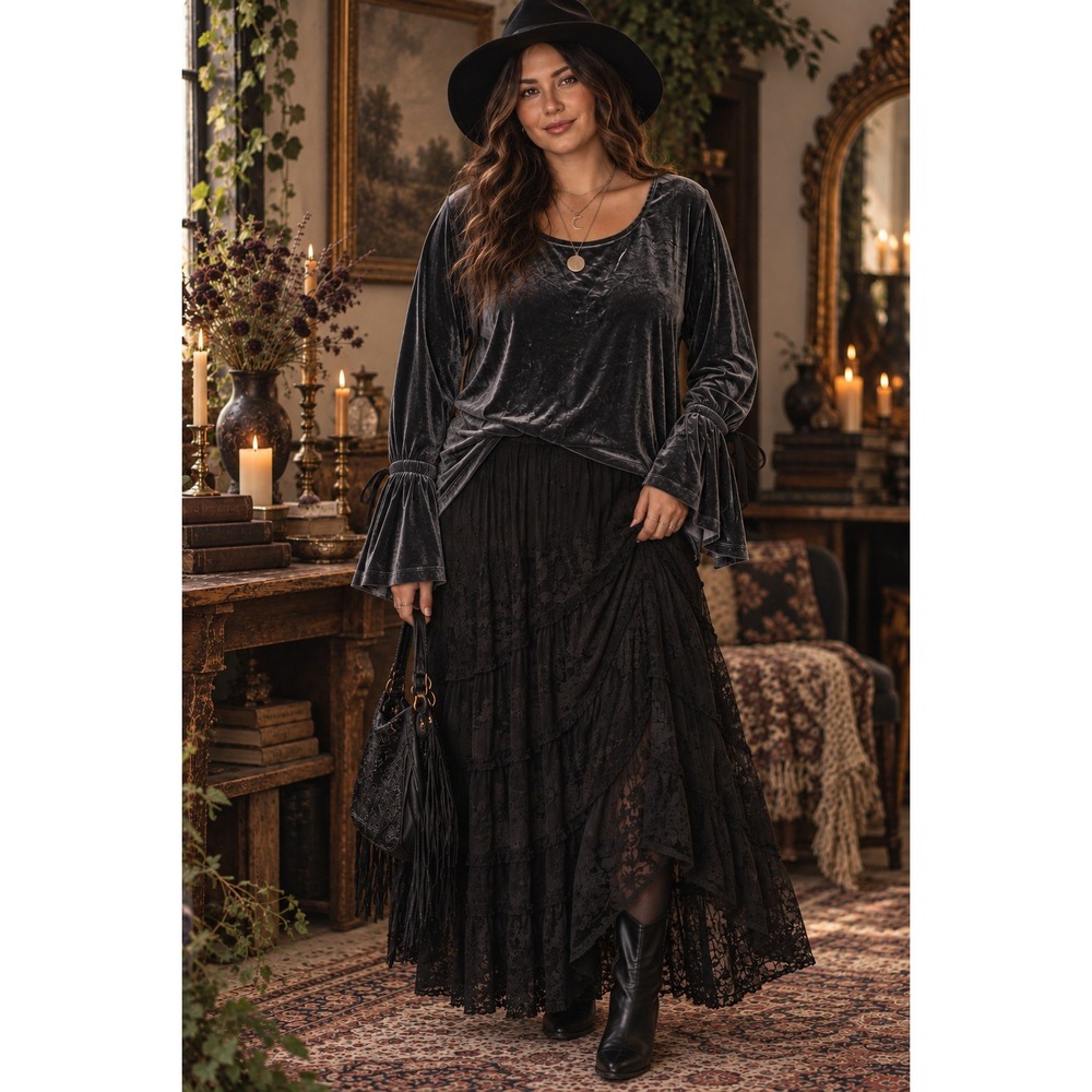 Pleione Anthropologie Charcoal Grey Velvet Bell Sleeve Whimsigoth Top L